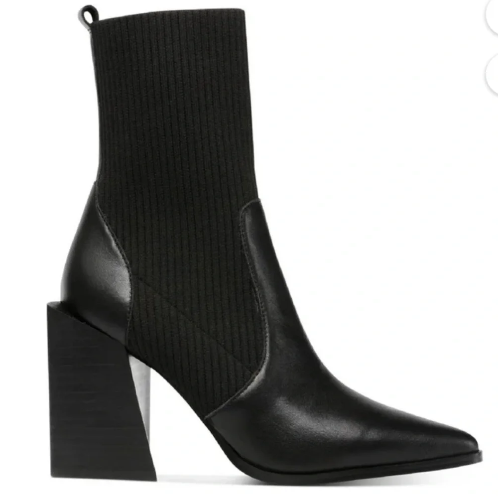 Steve Madden Tackle Black Leather Pointed-Toe Sock Boots - Picture 1 of 10